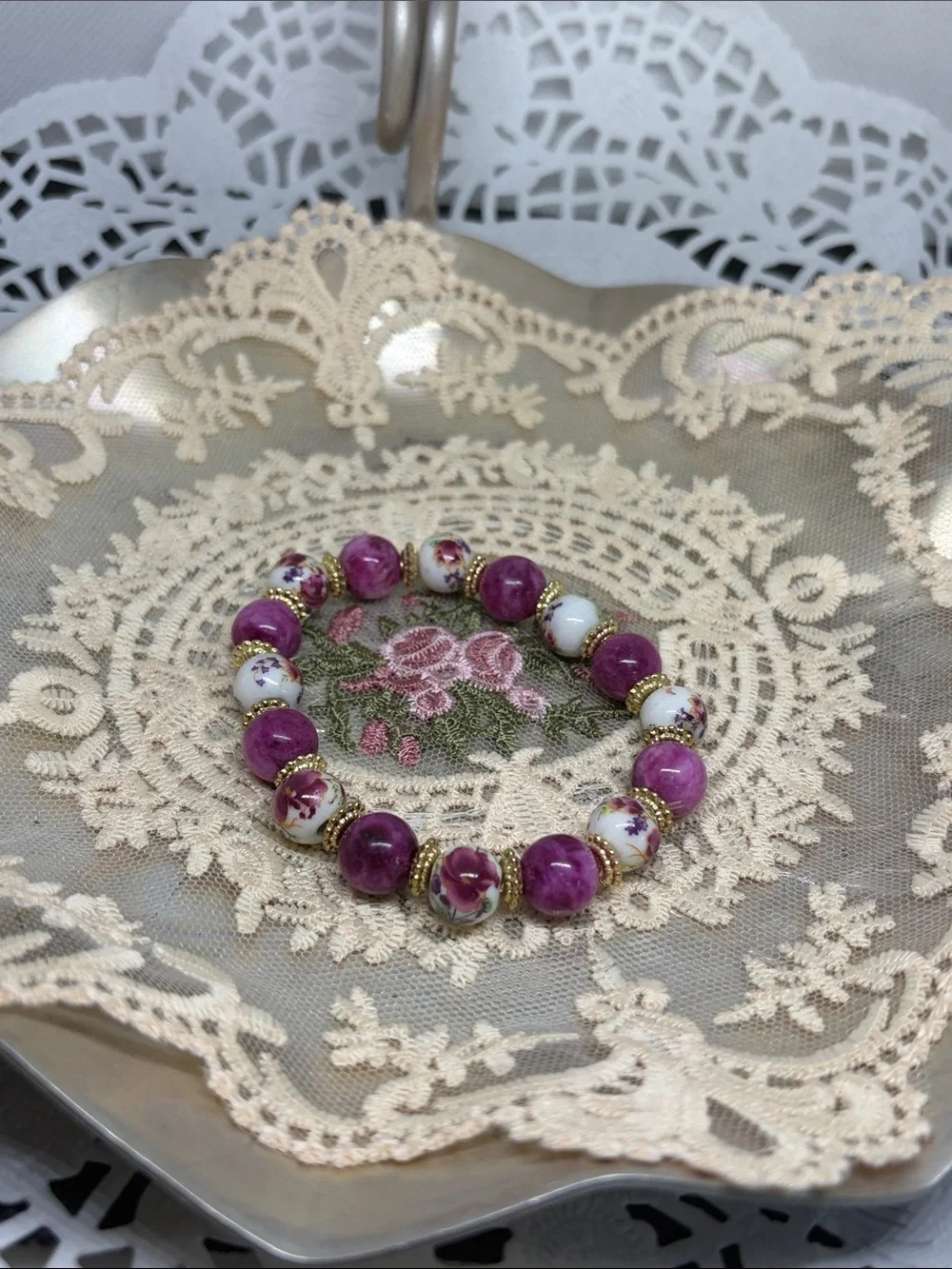 HEIRLOOM ROMANTIC Kunzite & Porcelain Bracelet French Countryside Boho - Picture 4 of 5